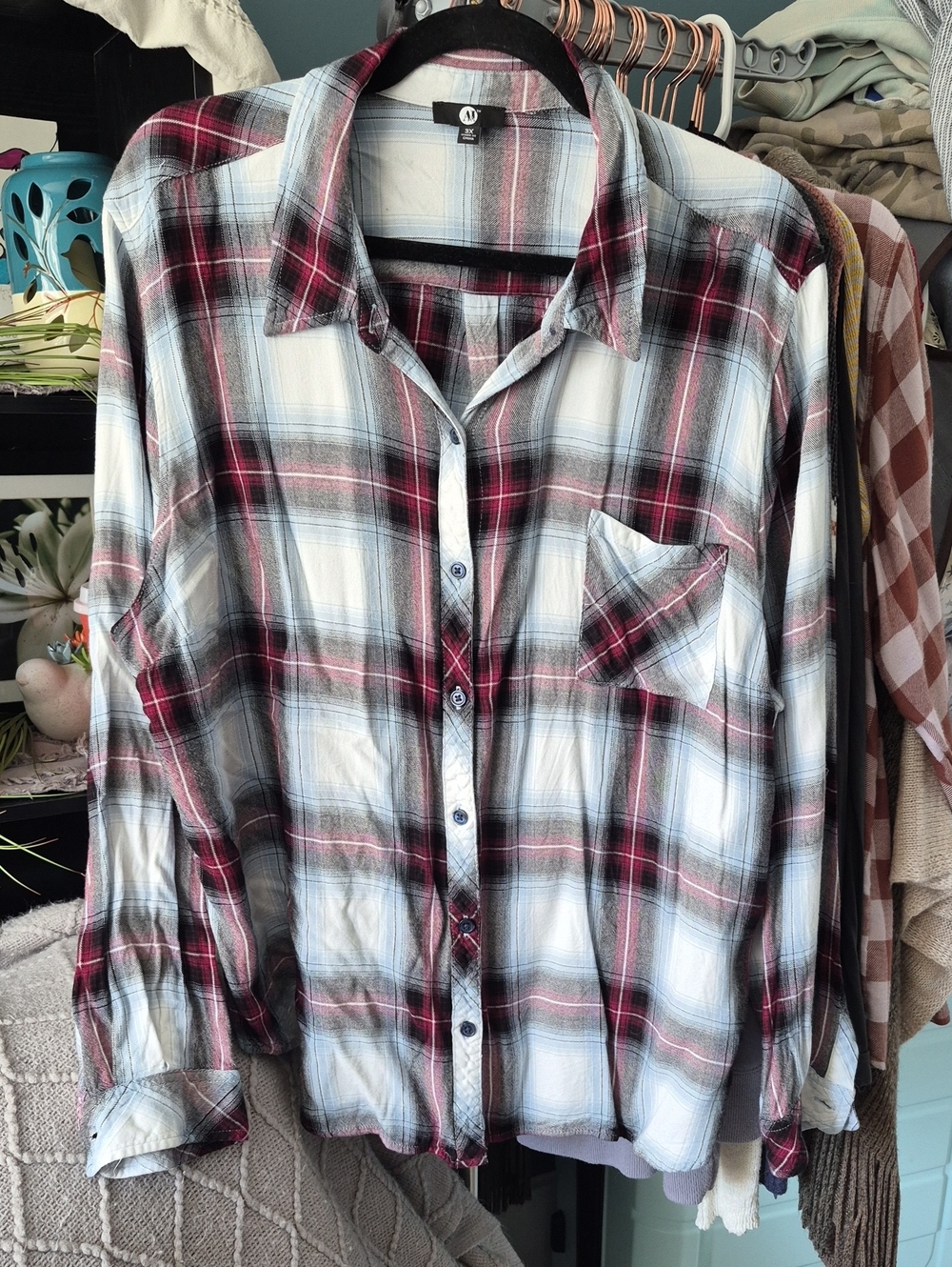 AJ Plaid Button-Up Shirt - White, Blue, Black & Burgundy Sz 3X